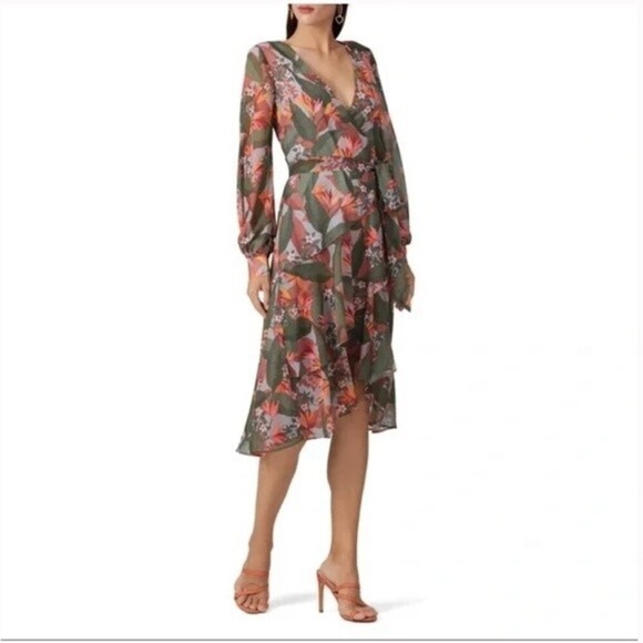 BADGLEY Mischka Multi Floral Ruffle Midi Faux Wrap Dress. - Picture 1 of 15